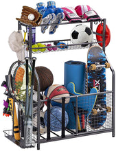 Load image into Gallery viewer, Garage Sports Equipment Storage Organizer with Baskets and Hooks - Easy to Assemble - Sports Ball Gear Rack Holds Basketballs, Baseball Bats, Footballs, Tennis Rackets and More (King)
