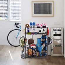 Load image into Gallery viewer, Garage Sports Equipment Storage Organizer with Baskets and Hooks - Easy to Assemble - Sports Ball Gear Rack Holds Basketballs, Baseball Bats, Footballs, Tennis Rackets and More (King)