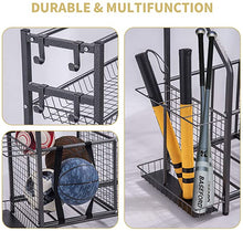Load image into Gallery viewer, Garage Sports Equipment Storage Organizer with Baskets and Hooks - Easy to Assemble - Sports Ball Gear Rack Holds Basketballs, Baseball Bats, Footballs, Tennis Rackets and More (King)