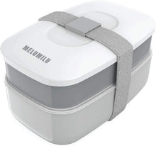 Load image into Gallery viewer, MELUMILU All-in-One Stackable Bento Lunch Box Container - Modern Bento-Style Design Includes 2 Stackable Containers, Built-in Plastic Utensil Set, and Nylon Sealing Strap (Gray)