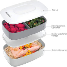 Load image into Gallery viewer, MELUMILU All-in-One Stackable Bento Lunch Box Container - Modern Bento-Style Design Includes 2 Stackable Containers, Built-in Plastic Utensil Set, and Nylon Sealing Strap (Gray)