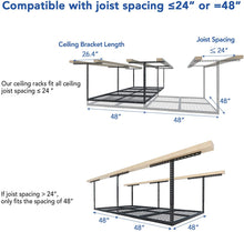 Load image into Gallery viewer, FLEXIMOUNTS 4x8 Overhead Garage Storage Rack Adjustable Ceiling Garage Rack Heavy Duty, 96" Length x 48" Width x (22''-40" Ceiling Dropdown), Black (Two-Color Options)