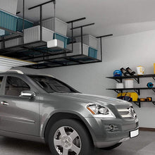Load image into Gallery viewer, FLEXIMOUNTS 4x8 Overhead Garage Storage Rack Adjustable Ceiling Garage Rack Heavy Duty, 96" Length x 48" Width x (22''-40" Ceiling Dropdown), Black (Two-Color Options)
