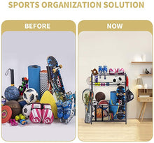 Load image into Gallery viewer, Garage Sports Equipment Storage Organizer with Baskets and Hooks - Easy to Assemble - Sports Ball Gear Rack Holds Basketballs, Baseball Bats, Footballs, Tennis Rackets and More (King)
