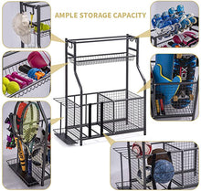Load image into Gallery viewer, Garage Sports Equipment Storage Organizer with Baskets and Hooks - Easy to Assemble - Sports Ball Gear Rack Holds Basketballs, Baseball Bats, Footballs, Tennis Rackets and More (King)

