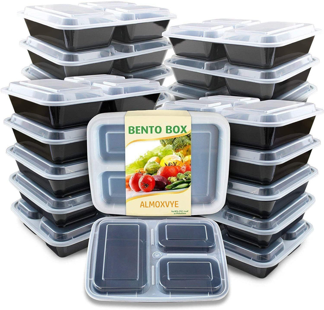 ALMOXVYE Meal Prep Container 20 Pack 3 Compartments with Lids Food Storage Bento Box BPA Free/Reusable/Stackable Lunch Planning, Microwave/Freezer/Dishwasher Safe, Portion Control 36oz