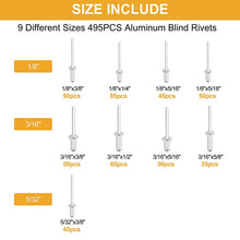 Load image into Gallery viewer, KspeianM 495Pcs Aluminum Rivet Assortment Kit, Pop Rivets Blind Rivets 9 Sizes Assortment
