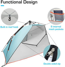Load image into Gallery viewer, Active Era Premium Beach Tent Easy Setup – Portable 3-4 Person Beach Shade Tent Sun Shelter with UPF 50+ Rated Sun Protection &amp; Extended Porch - Beach Tents Sun Shelter Beach Essentials
