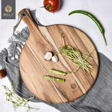 Load image into Gallery viewer, BILL.F Acacia wood pizza peeling, 12 inch (about 30.5 cm) cutting board, cheese paddle board, bread and cookie tray, for serving and small food preparation with handles-16 x 12 x 0.5 inches (about 40.6 x 30.5) cm)
