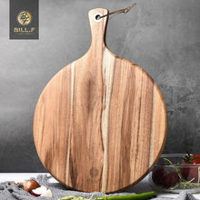 Load image into Gallery viewer, BILL.F Acacia wood pizza peeling, 12 inch (about 30.5 cm) cutting board, cheese paddle board, bread and cookie tray, for serving and small food preparation with handles-16 x 12 x 0.5 inches (about 40.6 x 30.5) cm)

