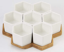 Load image into Gallery viewer, FLOWERPLUS Planter Pots Indoor, 7 Pack 2.75 Inch Modern White Ceramic Small Hex Succulent Cactus Flower Plant Pot with Bamboo Tray for Indoors Outdoor Office Home Garden Kitchen Decor (Hexagon)
