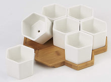 Load image into Gallery viewer, FLOWERPLUS Planter Pots Indoor, 7 Pack 2.75 Inch Modern White Ceramic Small Hex Succulent Cactus Flower Plant Pot with Bamboo Tray for Indoors Outdoor Office Home Garden Kitchen Decor (Hexagon)
